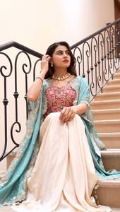 <b>Women</b> Teal Mono Silk Embroidered Tube Blouse Cream Draped Skirt Purple Tassel <b>Shrug</b> Set Floor-Length Wrinkle-Free Sun Protection - Product Image 2