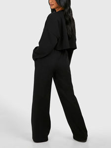 Ensemble de survêtement noir 2 pièces pour femmes grandes tailles, sweat-shirt court et pantalon large à imprimé lettres, coupe décontractée, pour toutes les saisons - Product Image 3