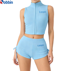 Conjunto de 2 Piezas de Chaqueta Corta y Pantalones Cortos Deportivos Casuales de Moda Hip Hop, Ajustados, de Spandex/Poliéster, con Cierre, para Mujer, Verano - Product Image 4