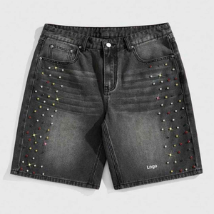 Shorts Bermuda Homme Personnalisés Noirs Ornés de Strass, Taille Mi-Haute, Style Décontracté, Tissu 100% Coton Tissé, Fermeture Boutonnée - Product Image 1