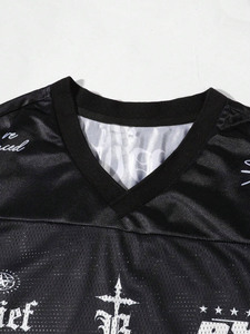 Camiseta Deportiva de Malla Texturizada con Cuello en V para Hombre, con Panel de Leopardo y Estampado Gráfico Gótico, Personalizada, OEM, al por Mayor, Estilo Fútbol Americano - Product Image 3