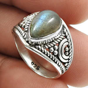 Bague de fiançailles en argent sterling 925 de haute qualité avec pierre précieuse labradorite taille poire, design vintage, sertie clos, style bohème - Product Image 3