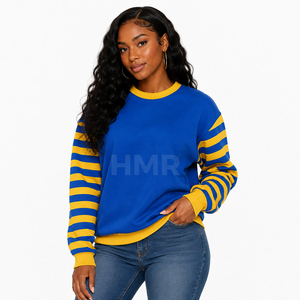Sweat-shirt à col rond bleu HMR Sorority Sisterhood avec manches rayées jaunes, tricoté décontracté à manches longues, vêtement Sorority Sisterhood - Product Image 3