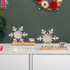 Modern Christmas Snowflake <b>Tealight</b> Candle Holder Wooden Base Metal Holiday Table Decor Stand Set - Product Image 3