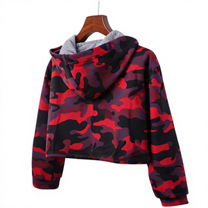 Sudadera con capucha corta de camuflaje rojo para mujer, manga larga, con cordón, estilo urbano, venta al por mayor, OEM, estampado personalizado, sudaderas con capucha y sudaderas para hombre - Product Image 2
