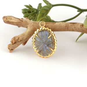 Conector Ovalado de Jade Prehnita Azul Brillante Tallado, Bañado en Oro de 18k, para Collares, 25mm, Componente de Joyería de Piedra Natural - Product Image 3