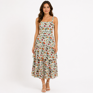 Robe midi en coton tissé à motifs floraux pour femme, sans manches, col carré, imprimée à la main, style décontracté d'été, taille naturelle, vente en gros - Product Image 1