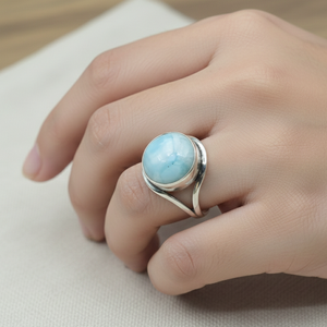 Natural Larimar Gemstone <b>Ring</b> 925 Sterling <b>Silver</b> Rose & Yellow Gold Plated Handmade Round Cabochon <b>Statement</b> Jewelry Women Gift - Product Image 2