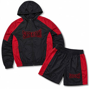 Conjunto de Chaqueta Cortavientos con Capucha y Pantalones Cortos para Hombre, Color Negro y Rojo, Logotipo Bordado Scream, Estilo Deportivo, Transpirable, de Poliéster, para Primavera - Product Image 1
