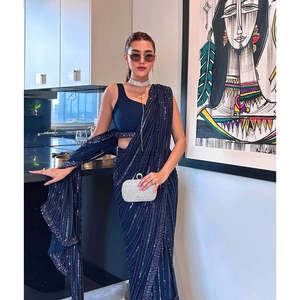Sari de soirée fait main coupe trapèze en organza avec broderies de paillettes, fils et dori, taille naturelle - Product Image 2