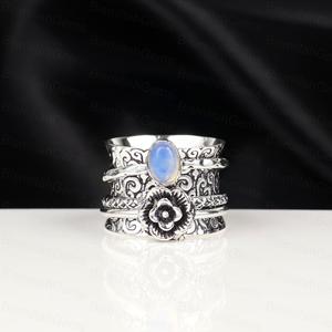 925 Sterling <b>Silver</b> Plated <b>Spinner</b> Opalite <b>Ring</b> for Women Vintage Handmade Floral Rose Detail Wide Band Wholesale Jewelry - Product Image 1