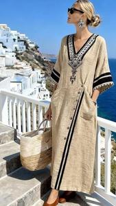Boho Embroidered Linen Maxi <b>Dress</b> V-Neck Short Sleeve Loose Fit Breathable <b>Summer</b> Casual Wear <b>With</b> <b>Pockets</b> - Product Image 2