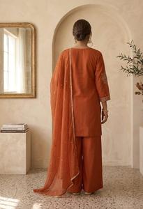 Conjunto de Salwar Kameez bordado naranja, vestido pakistaní para mujer con chal, cuello en V, traje para fiesta y boda - Product Image 6