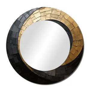 Circular Metal Wall <b>Mirror</b> with Black and Gold Irregular <b>Tile</b> Frame Art Deco Home Decor Accent for Living Room - Product Image 1