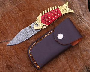 Couteau de poche pliant personnalisé en acier Damas avec système Liner Lock, couteau de chasse EDC et étui en cuir - Product Image 1
