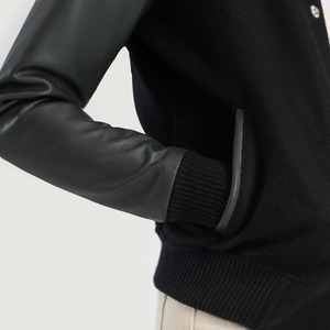 Women's Black Varsity <b>Jacket</b> With Faux <b>Leather</b> Sleeves Button Closure Stand Collar Autumn Wear - Product Image 3