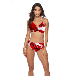 Conjunto de bikini con estampado de hojas tropicales para mujer, top halter, parte inferior de cintura alta, traje de baño elástico - Product Image 4