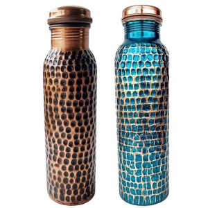 Botella de Agua de Cobre, Diseño Bohemio, Termo Portátil de Viaje con Tapas, Acabado Azul y Bronce - Product Image 1