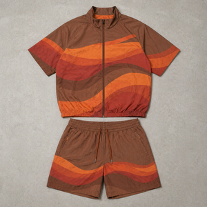 Ensemble veste et short pour homme, couleur dégradée, manches courtes, polyester respirant, coordonnés pour l'été, avec cordon de serrage à la taille et poche latérale - Product Image 1