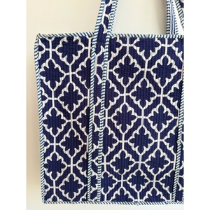Canvas <b>Tote</b> <b>Bag</b> <b>Navy</b> Blue White Solid Bohemian Style Embroidery Zipper Closure Open Top Cotton Lining for Daily Travel Shopping - Product Image 5
