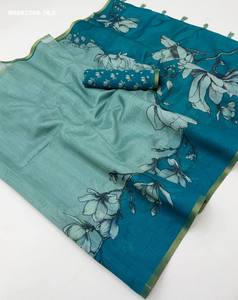 Fournisseur de saris en lin Chanderi de qualité supérieure avec imprimé numérique floral et bordure Zari, et ensemble de chemisiers à imprimé floral dispersé, de Surat. - Product Image 2