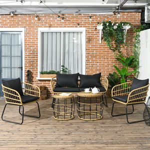 Set di mobili da giardino in rattan resistente alle intemperie, 5 pezzi, con tavoli impilabili e divanetto imbottito, nero - Product Image 2
