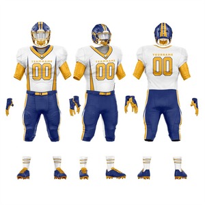Ensemble d'uniformes de football américain personnalisés, casque, chaussettes, gants, maillot sublimé blanc, bleu, or, vêtements de sport d'été pour hommes, coupe courte - Product Image 4