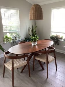 Juego de Comedor Ovalado de Teca Estilo Moderno de Mediados de Siglo con Sillas con Asientos Tejidos, Muebles de 4 Piezas para el Comedor del Hogar - Product Image 2