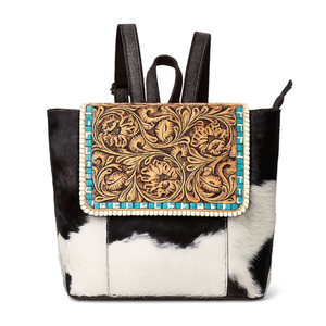 Mochila de cuero genuino con pelo de vaca, hecha a mano, estilo occidental, vintage, para mujer, para viajes, escuela, portátil. - Product Image 1