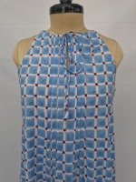 Gaun Midi Wanita Motif Garis Biru Putih Merah Kasual Bahan Katun Tenun Model A-Line Pinggang Elastis Alami Berlipit Ujung Lurus Lengan Lonceng