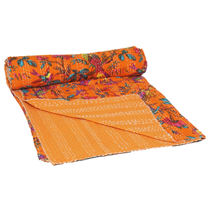 Handmade Bohemian Kantha Quilt Cotton <b>Bedspread</b> Reversible Floral Bird Print All-Season Lightweight Blanket Home Rajasthan RR - Product Image 1