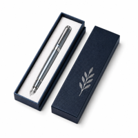Boîte d'emballage de luxe bleu marine et noir mat pour stylo, avec logo personnalisé en feuille d'argent et insert en mousse de velours blanc, pour stylo métallique de direction