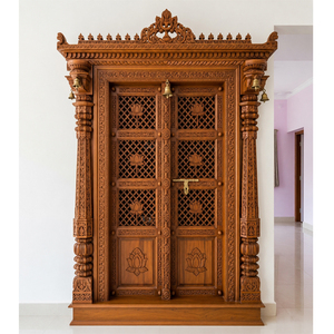 Último diseño de puerta para sala de Pooja con marco, puerta tradicional de madera para sala de Pooja con marco y diseño de loto tallado para decoración del hogar. - Product Image 1