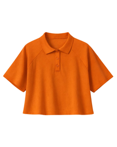 Camiseta Polo Corta Naranja Personalizada para Mujer, Manga Raglán, Top Informal de Algodón, Cierre de Botones, Corte Holgado, Moda Urbana de Verano - Product Image 1