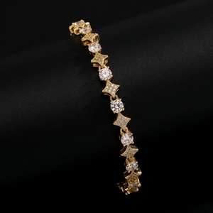 Luxury Gold Star Tennis Bracelet Men <b>Iced</b> <b>Out</b> CZ Round Cut <b>Chain</b> Link Custom Clasp Hip Hop Bracelets for Men - Product Image 1