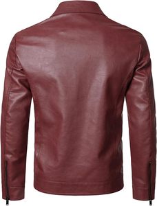 Men's <b>Wine</b> Red Burgundy Maroon PU Faux Leather Trucker Jacket Pointed Lapel Collar Dual Chest Flap Snap Pocket Center - Product Image 2