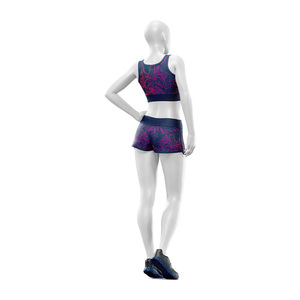 Ensemble de vêtements de yoga et de sport personnalisé en 2 pièces, haut court à col rond, short taille haute, imprimé géométrique, spandex, polyester, logo imprimé sur le devant - Product Image 3