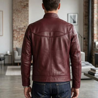 Jaket Kulit Pria Urban Kasual, Luaran Berkerah Tegak dengan Ritsleting Depan, Kantong Ritsleting, Finishing Halus, Lapisan Dalam Nyaman