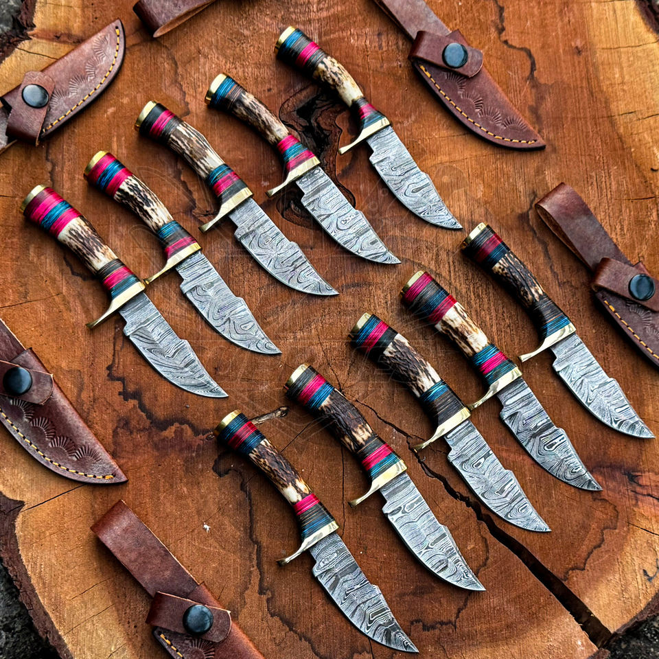 Bulk Small Damascus Pattern Fixed Blade Camping Knives Wood Handles for ...
