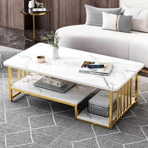 Modern White Marble Finish Coffee <b>Table</b> with <b>Gold</b> Metal Frame and Storage Shelf Rectangular Living Room Center <b>Table</b> - Product Image 4