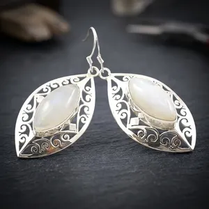 Bohemian Leaf Shape <b>Rainbow</b> Moonstone 925 Sterling Silver <b>Top</b> Design Earrings For Women Party Jewelry - Product Image 1