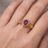 Bague ovale artisanale en laiton vintage avec améthyste naturelle sertie clos, style filigrane, pour femme, vente en gros