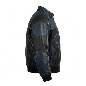 Chaqueta de Cuero Personalizada para Hombre, Color Negro Marino, con Paneles Geométricos y Ribetes, Estilo Biker/Bomber, Piel de Vacuno Auténtica, Ropa de Calle, Venta al Por Mayor - Product Image 3