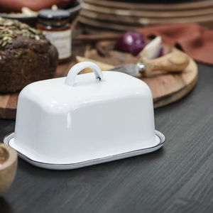 Mantequillera estilo rústico con tapa de asa elevada, bandeja ancha y acabado esmaltado liso, duradera para almacenamiento de mantequilla en la encimera de la cocina. - Product Image 1