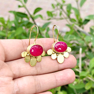 Trendy women's <b>earring</b> oval cabochon fuchsia chalcedony dangle <b>earring</b> solid brass 18k gold plated brushed finish texture drops - Product Image 3