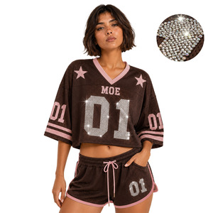 <b>Top</b> Choice Sparkling <b>Rhinestone</b> Crop <b>Top</b> Custom Logo Bling Number Solid Color American Football Jersey Sporty Summer Shorts Sets - Product Image 1