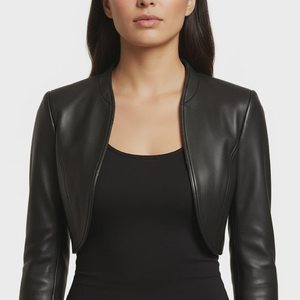 Black PU <b>Leather</b> Stand Collar Cropped <b>Blazer</b> Full Sleeve Minimalist Women's <b>Jacket</b> Autumn Style - Product Image 6