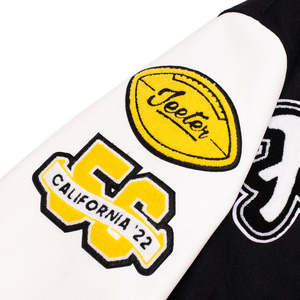 แจ็คเก็ตวาร์ซิตี้ผ้าซาตินแบบสั่งทำสำหรับผู้ชายปี 2025 สีดำล้วน ปักลายเบสบอล ปักอักษร แขนเสื้อผ้าขนสัตว์และหนัง - Product Image 5