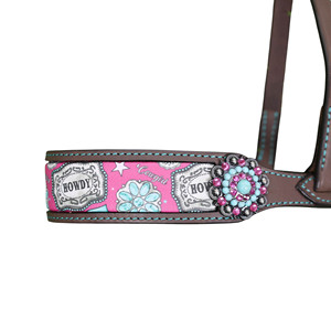 Western Argentina Leather Howdy Print Noseband <b>Tie</b> Down With Leather Strap And Turquoise Conchos - Product Image 3