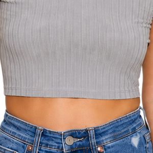 Top Corto Gris Acanalado para Mujer, Manga Corta, Cuello Redondo, Ajuste Delgado, Camiseta Casual de Punto, Moda de Verano, Algodón Elástico, Camiseta Básica - Product Image 6